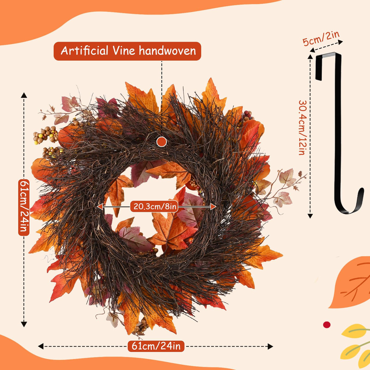 Nisoger Autumn Wreath, 24 Inch Diameter, Pumpkin Berry