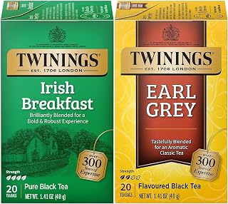 Twinings Tea Variety 2-Pack – Earl Grey + Irish Breakfast, Caffeinated Black Tea Bags, Individually Wrapped, 20 Count Each