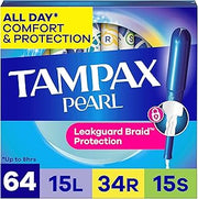Tampax Pearl Tampons Tampons with Leak-Proof Braid, Lightweight/Regular/Super Absorbent, Unscented (Pack of 64)