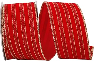 Reliant Ribbon 92892W-065-40F Glitter Stripe Velvet Wired Edge Ribbon, 2-1/2 Inch X 10 Yards, Red