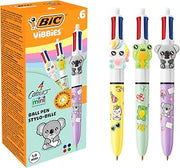 BIC Vibbies 4 Colours Mini Ball Pen Medium Point (1.0 mm) with Fun Animal Figurines - Pastel Barrel, Classic Ink Colours, Pack of 6