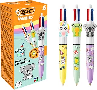 BIC Vibbies 4 Colours Mini Ball Pen Medium Point (1.0 mm) with Fun Animal Figurines - Pastel Barrel, Classic Ink Colours, Pack of 6