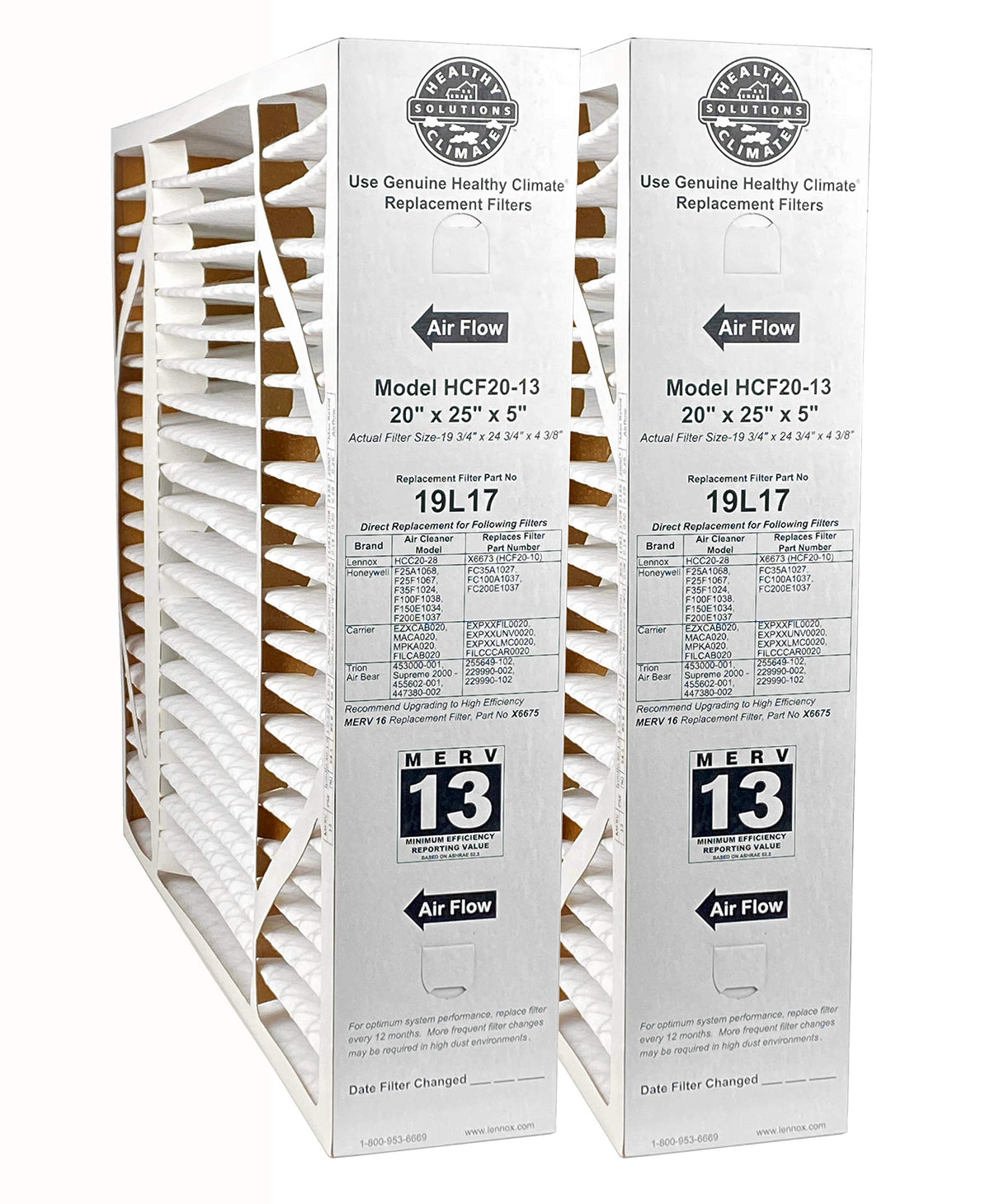 20" x 25" x 5" Healthy Climate HCF20-13 Air Filter by Lennox – 20" x 25" x 17", Polyester, Pack of 2, Model 19L17