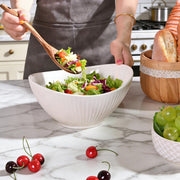 Hoilse Ceramic Serving Bowl with Wood Servers, 60oz Oval White