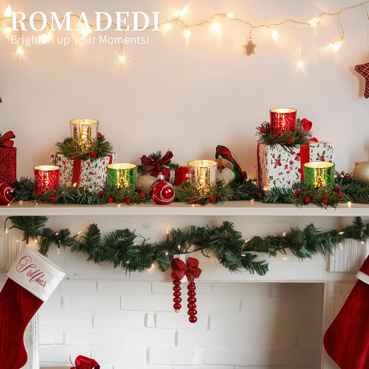 Romadedi Mercury Glass Votive Candle Holder with Wreath, Set of 6, Red Green Silver