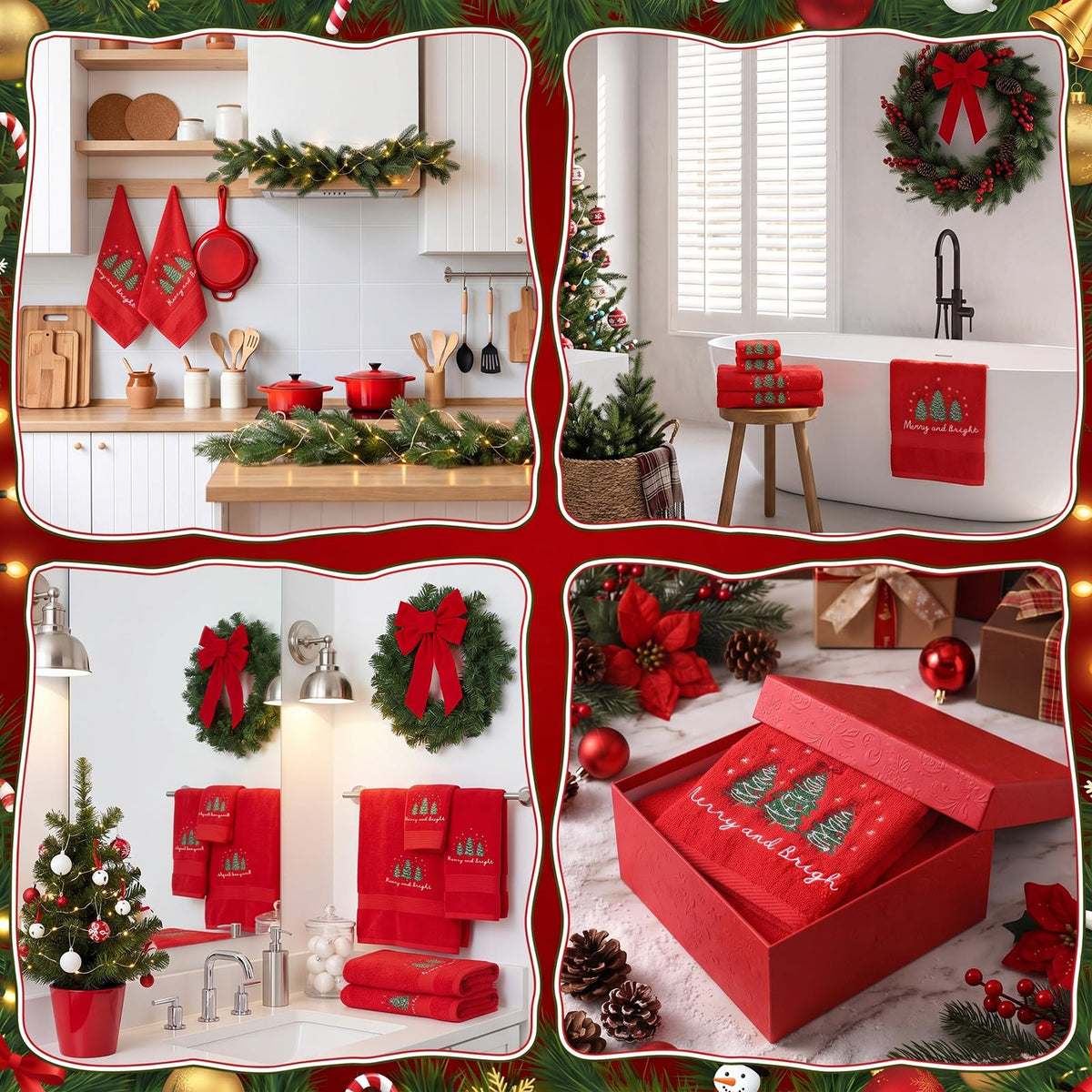 Lumina Garden Christmas Towel Set, Embroidered Cotton, 6 Piece Red