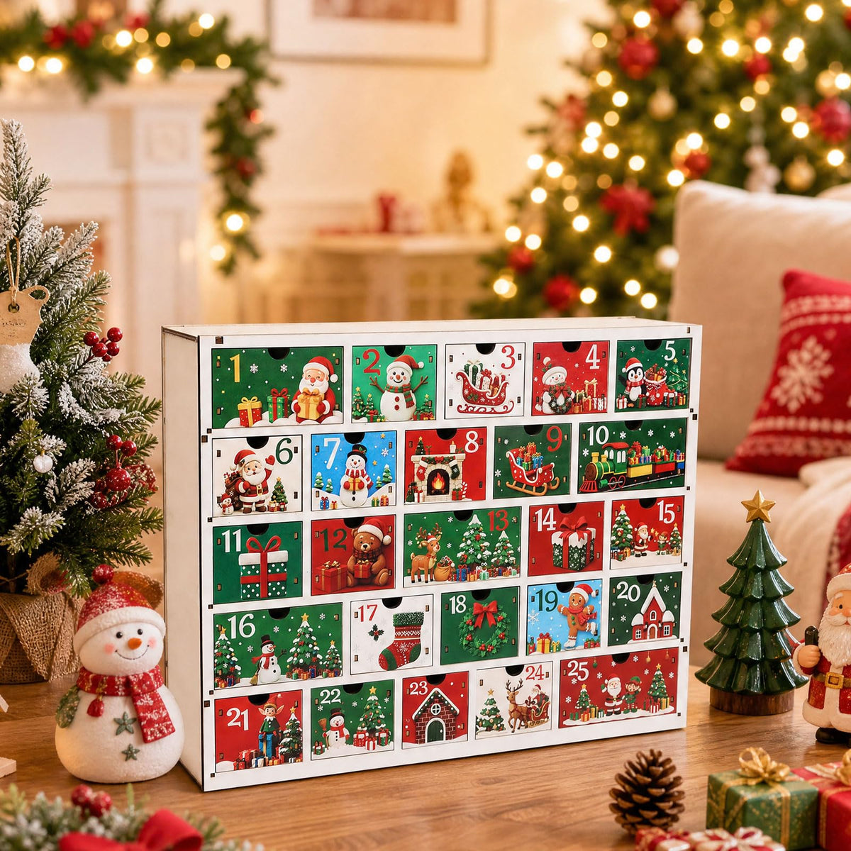 CCINEE Wooden Advent Calendar, 25 Drawers, Multicolor Cartoon Holiday Design