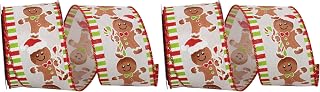 Reliant Ribbon Gingerbread Ticking Sparkle Wired Edge Ribbon, 2-1/2 Inch X 10 Yards, White (Pack of 2)