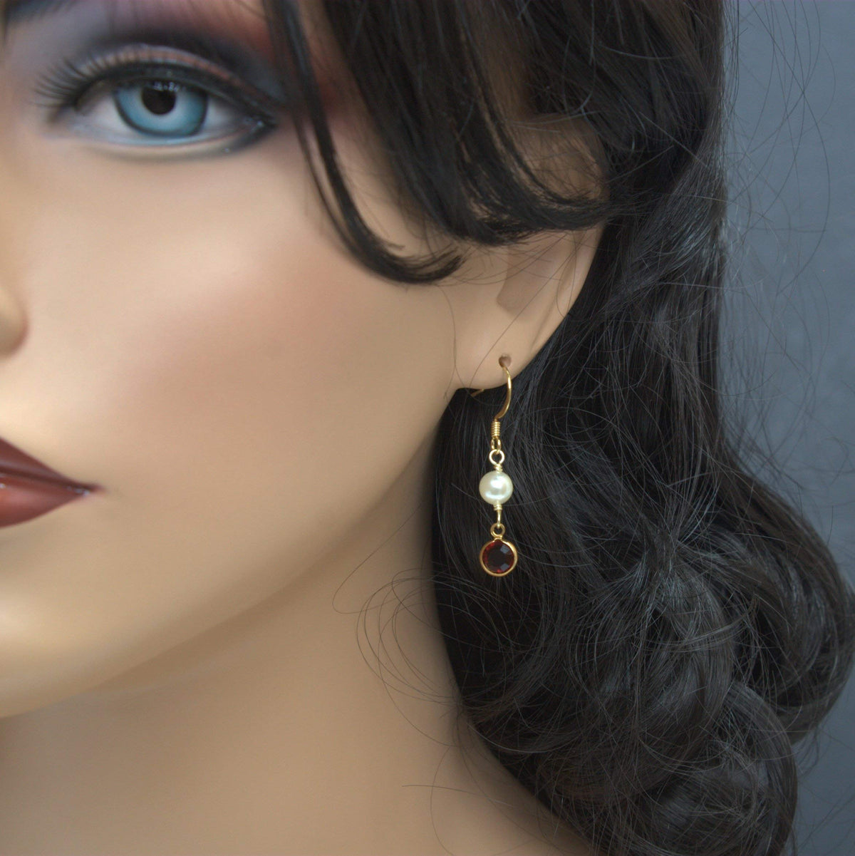 Crystal Channel Drop Dangle Earring - Siam Red Color by Martiana Jewelry – 1 inch, Crystal, Pearl, Gold Tone Ear Hook, Siam Red Color, Model MJ-E109