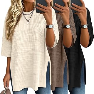 3 Pack Womens 3/4 Sleeve Waffle Knit Tops