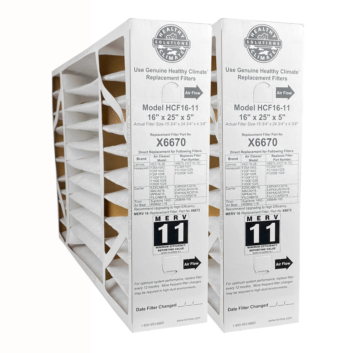 (2-Pack) Healthy Climate 16" x 25" x 5" OEM HCF16-11 Air Filter by Lennox – 16" x 25" x 5", Fiberglass, Pack of 2, Model X6670