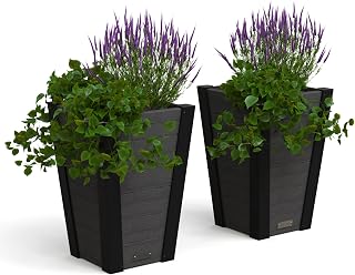 Mayne Horizon 22in Tall Square Tapered Planter, Charcoal, 2-Pack | All season, Fade resistant, Woodgrain finish, Built-in overflow, 10-year warranty