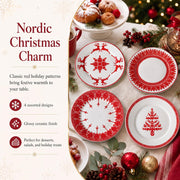 Rtteri Ceramic Salad Plates, 9 Inch, Red Nordic Christmas Set of 4