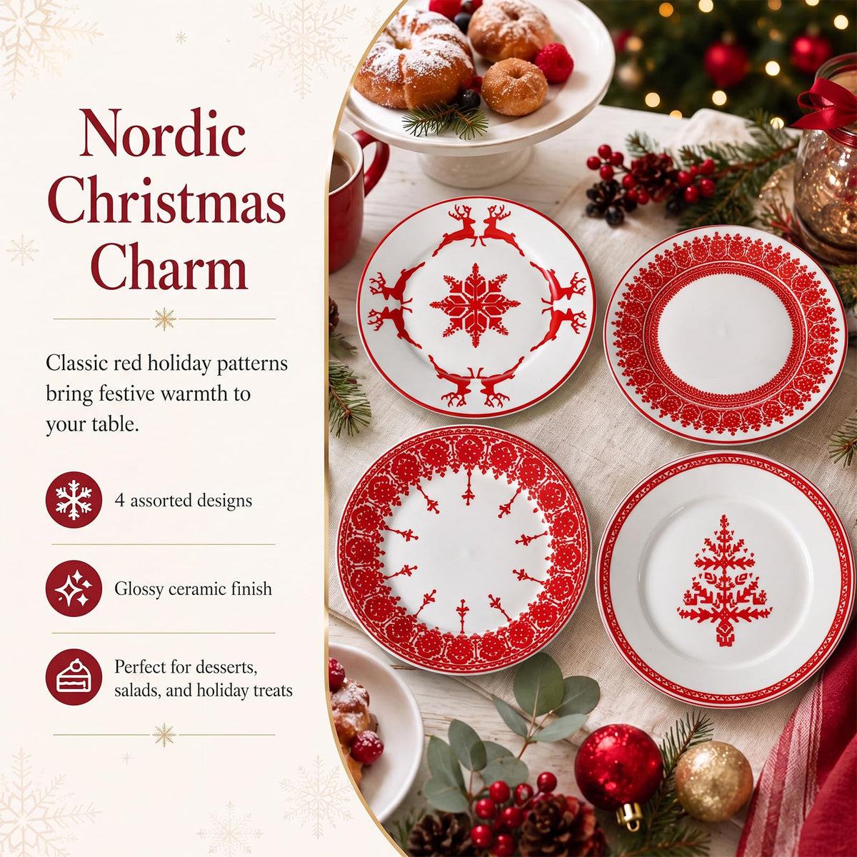 Rtteri Ceramic Salad Plates, 9 Inch, Red Nordic Christmas Set of 4