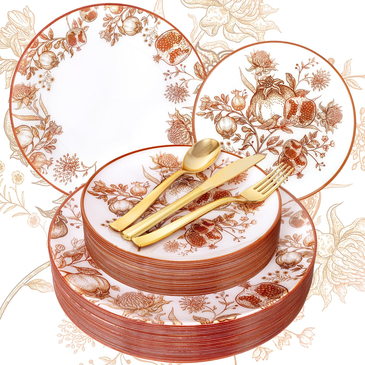 Joyido Thanksgiving Plastic Plates, Pomegranate Design, 125 Piece Set