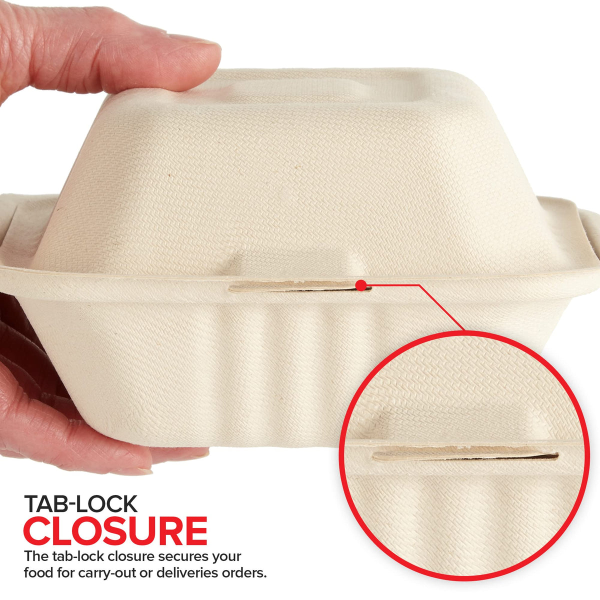 Clamshell Take Out Food Containers 6" x 6” (50 Pack) 1-Compartment by Stock Your Home – 6 x 6 Clamshell, 1 Part (50 Count), Bagasse, Natural, Pack of 50, Model 1250