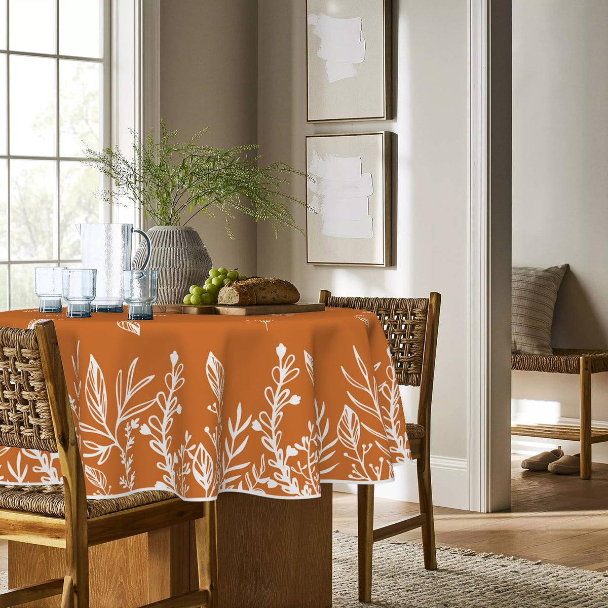 Horaldaily Round Tablecloth, 70 Inch Diameter, Orange Wild Flowers