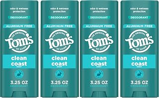 Tom’s of Maine Clean Coast Aluminum Free Natural Deodorant For Women & Men | Goes on Clear | Odor & Wetness Protection-| Naturally Derived and Moisture-Locking Ingredients-| 3.25 oz,(Pack of 4)