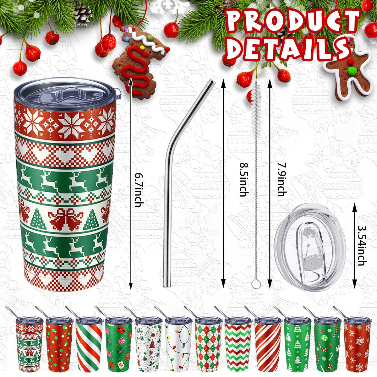 Lemosae Christmas Tumblers, 20oz Insulated Stainless Steel, Set of 12 Stripe Style