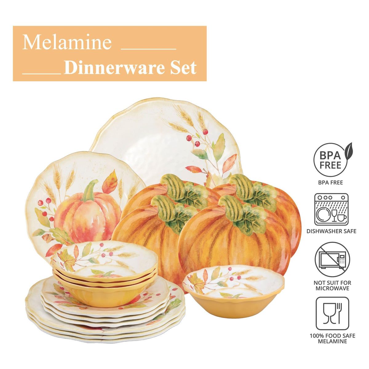 UP Melamine Dinnerware Set, 16 Piece Pumpkin Design, Service for 4, Orange
