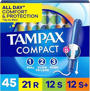 Tampax Compact Pearl Tampons for Women Multipack, with LeakGuard Braid & Extendable Applicator, Regular/Super/Super Plus Absorbency, Compact Extendable Applicator, Unscented, 45 Count