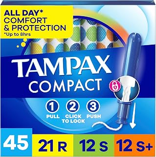 Tampax Compact Pearl Tampons for Women Multipack, with LeakGuard Braid & Extendable Applicator, Regular/Super/Super Plus Absorbency, Compact Extendable Applicator, Unscented, 45 Count