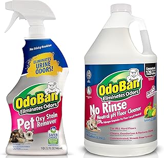 OdoBan Pet Solutions No Rinse Neutral pH Floor Cleaner Concentrate, Made in the USA, 1 Gallon, and Oxy Stain Remover, 32 Ounce Spray