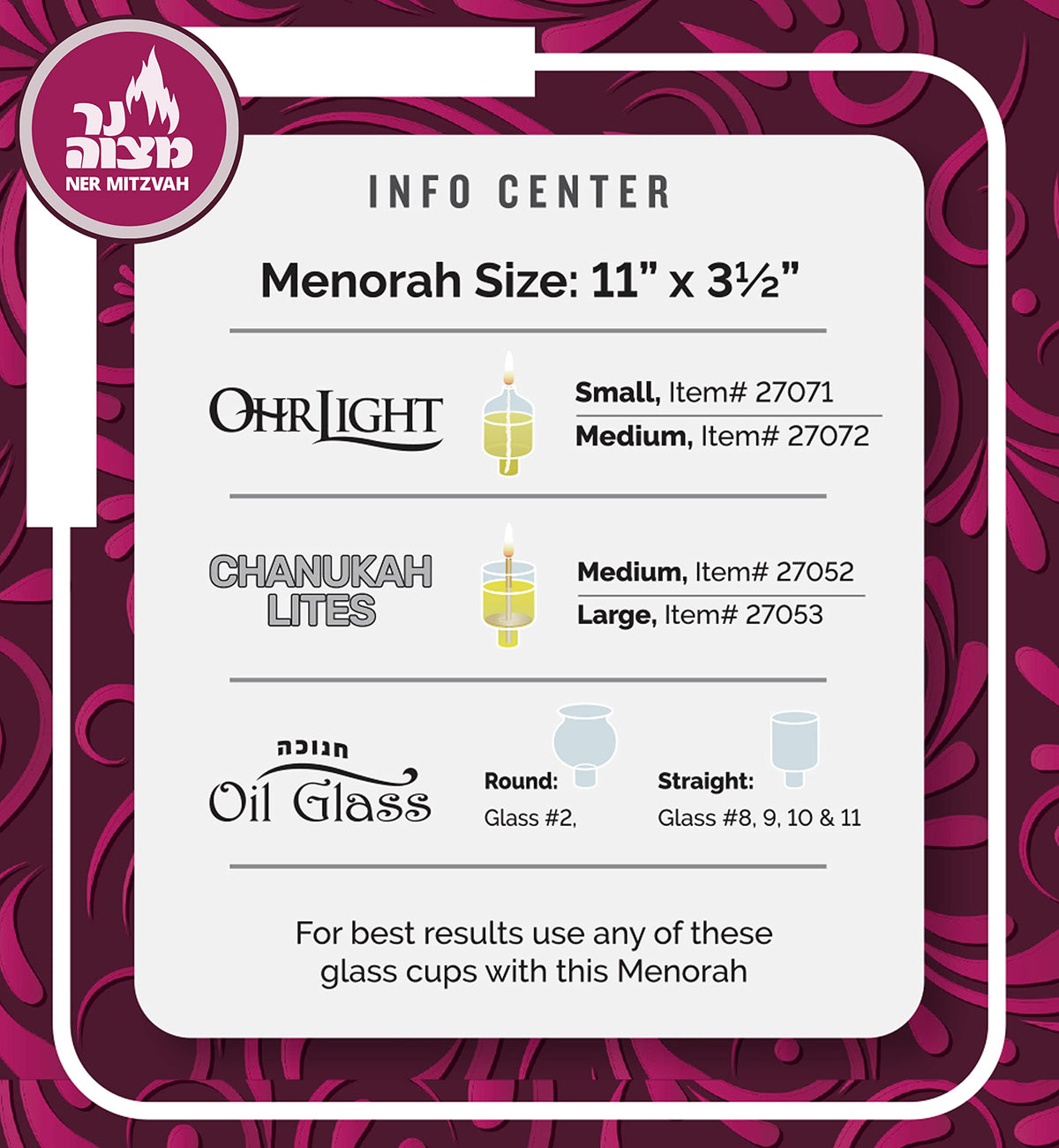 Ner Mitzvah Silver Wall Menorah, Holds Standard Oil Cups or Large Candles, 3 Inches