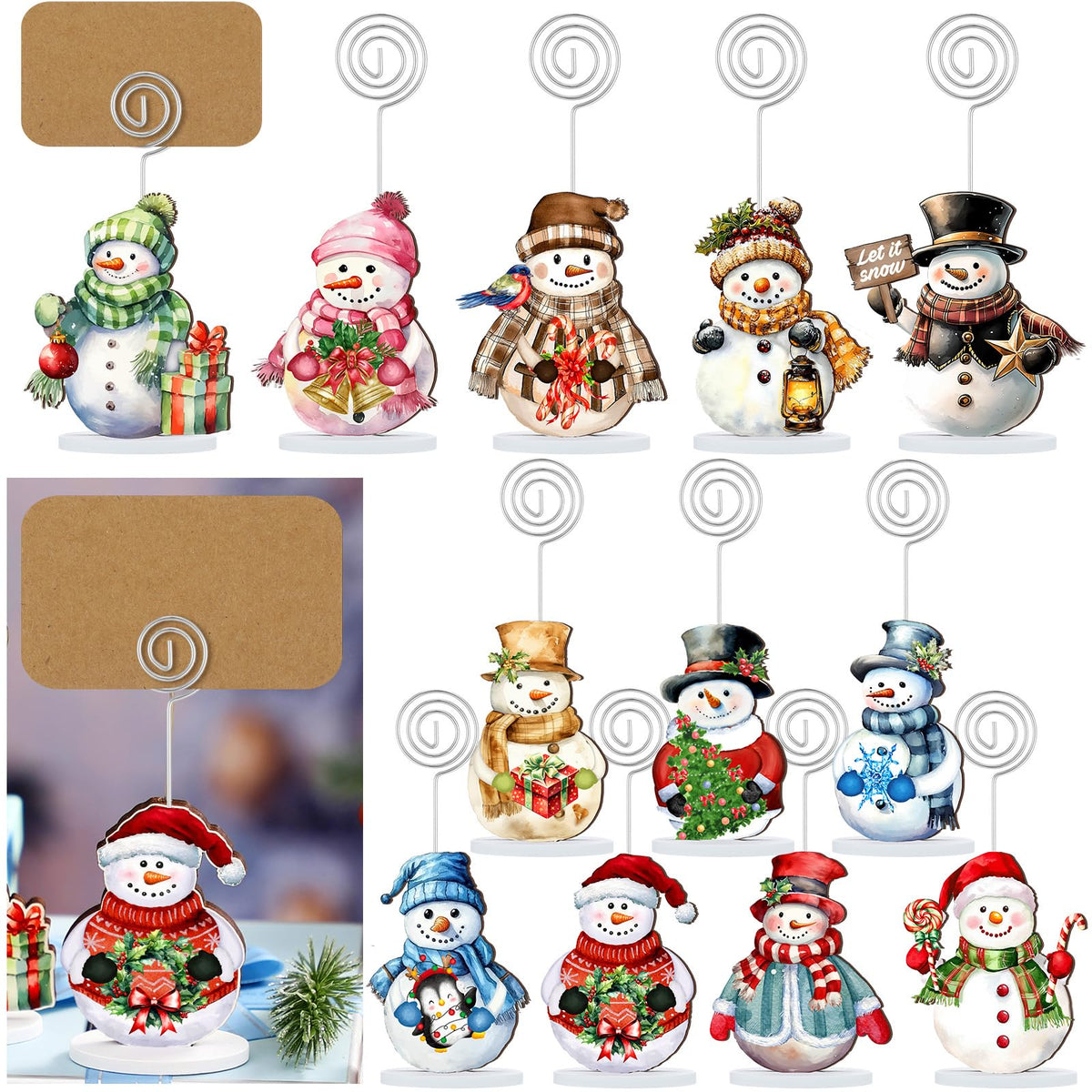 Yookeer Snowman Wood Place Card Holders, 24 Sets with Kraft Cards, Multicolor