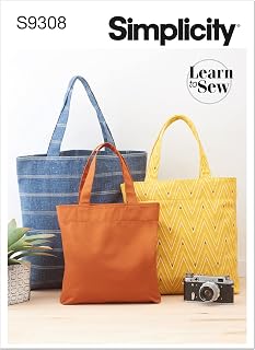 Simplicity S9308 Tote Bag Sewing Pattern, Unlined Tote Bags with Inside Pockets, Three Sizes, One Size