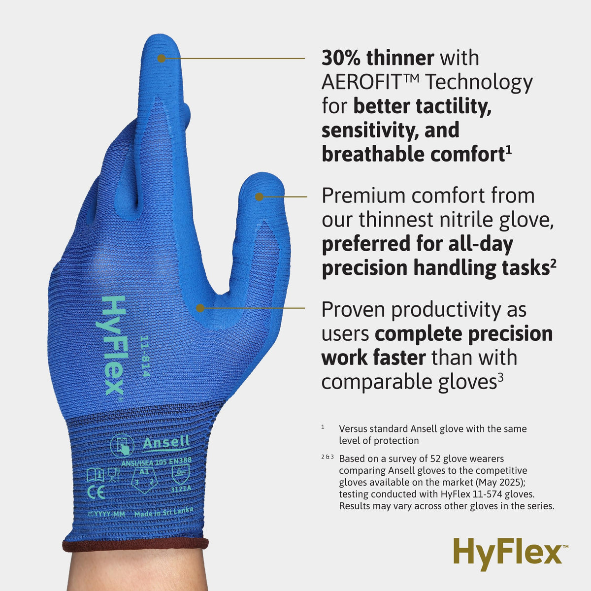 HyFlex AEROFIT Precision Multi-Purpose Gloves by Ansell – Size 10 (XL), Nitrile, Nylon, Spandex, Blue, Pack of 12, Model 11-814