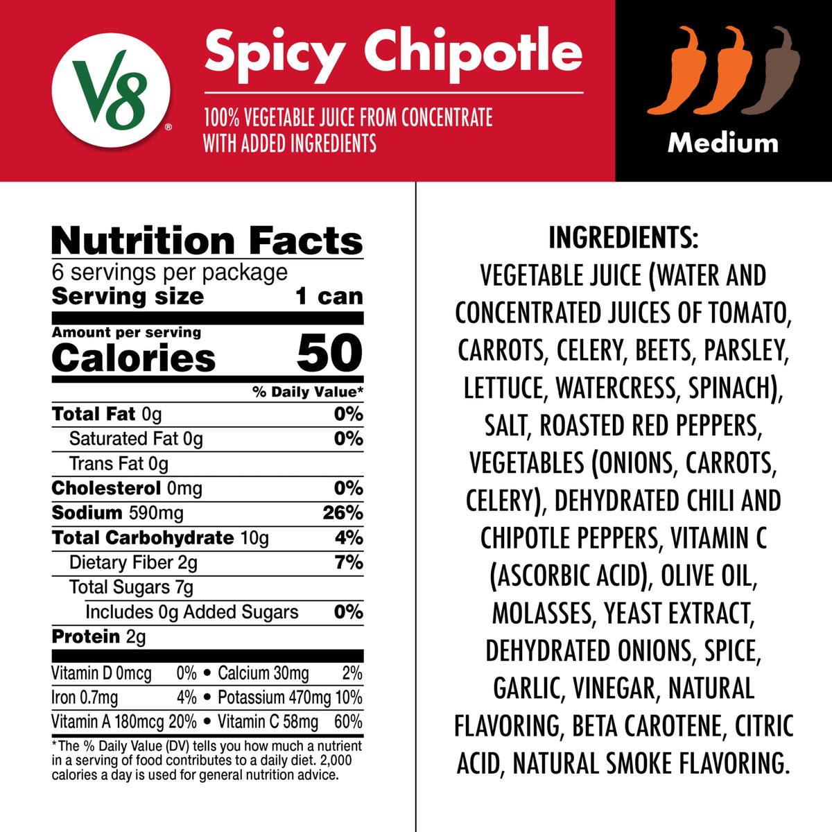 Spicy Chipotle 100% Vegetable Juice by V8 – 8 Fl Oz (Pack of 6), Model 200000029786