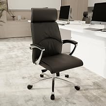 LeisureMod Upholstered High-Back Office Chair in Leather Polished Aluminum Base, Adjustable Height, 360-Degree Swivel, and Tilt for Modern Home, Offices Vantage Collection (Black)