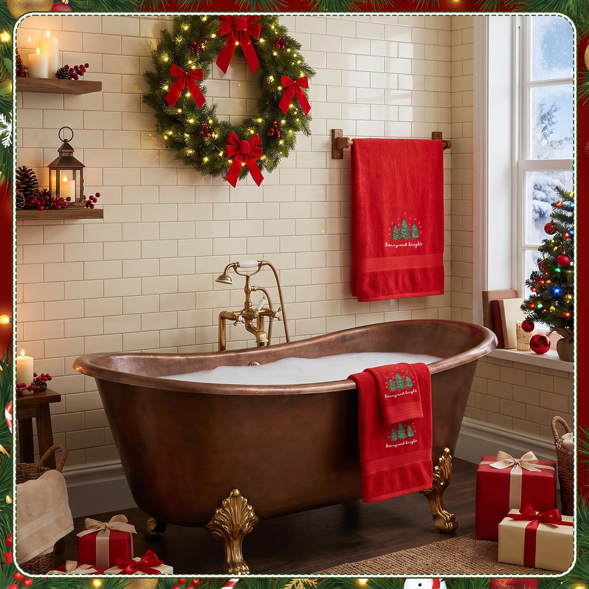 Lumina Garden Christmas Towel Set, Embroidered Cotton, 6 Piece Red