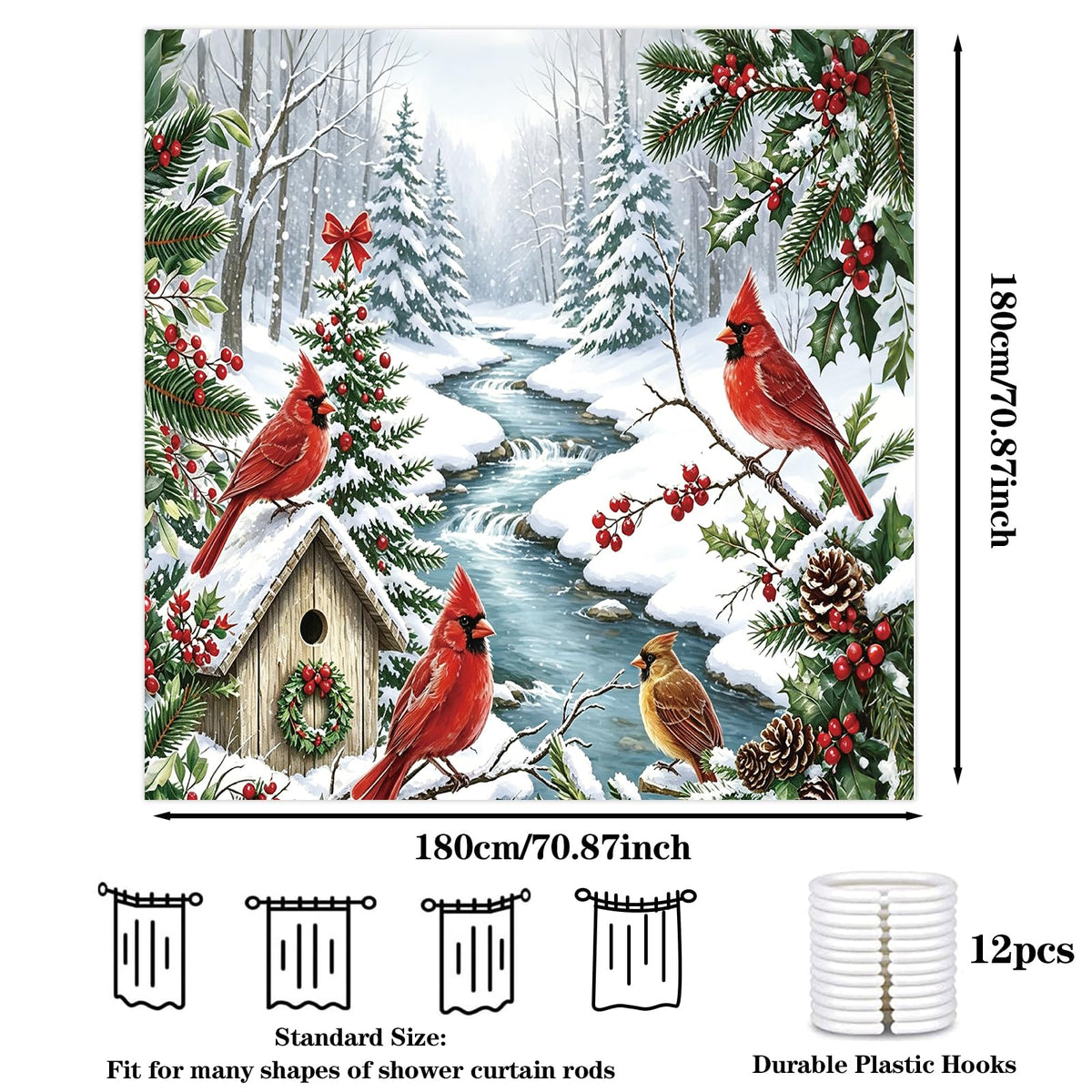 Visstree Shower Curtain, Red Cardinal Winter Scene, 71x71 Inch