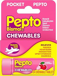 Pepto Bismol Cherry Chewable Tablets, Pocket To-Go, Upset Stomach Relief, Nausea Relief, Heartburn Relief, Indigestion Relief, Anti Diarrhea Medication for Adults - 5 Symptom Relief, 24 ct