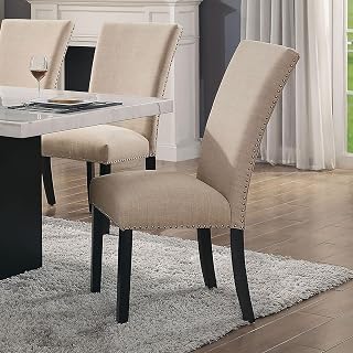 Beige Linen Like Fabric Dining Side Chairs with Solid Wood Legs