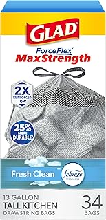 Glad ForceFlex MaxStrength Kitchen Trash Bags, 13 Gal, Fresh Clean Febreze, 34 Ct (Package May Vary)