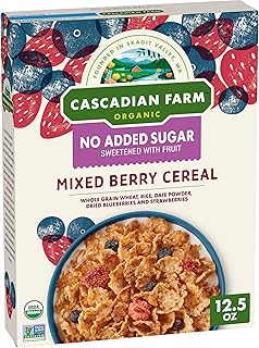 Cascadian Farm Cereal Mixed Berry No Added Sugar Organic, 12.5 Ounce | 0g Added Sugar, Sweetened with Dried Date Powder, 32g Whole Grain per Serving, Non-GMO Project Verified, USDA Organic