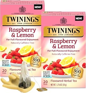 Twinings Raspberry & Lemon Herbal Tea 2-Pack (20 Tea Bags Ea) – Naturally Caffeine-Free Tea + Reusable Tea Bag Holder