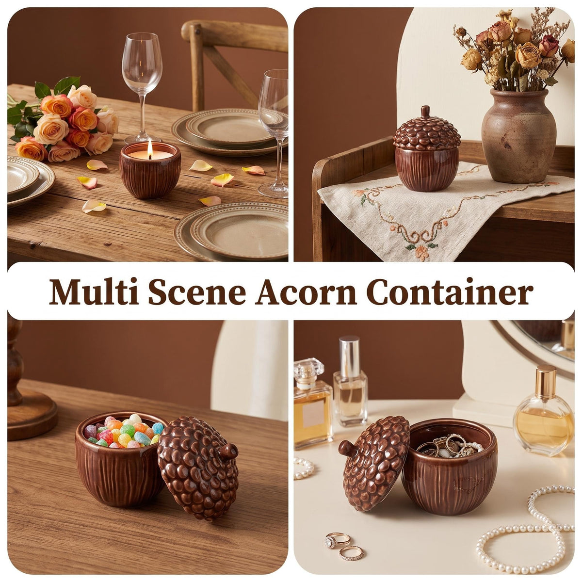 Masney Ceramic Acorn Jar with Lid, 2.55 Inch Diameter, Brown
