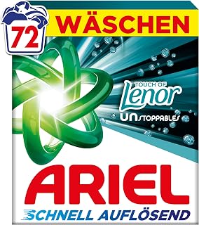 Ariel 's fast-dissolving powder detergent with a Touch of Lenor Unstoppables, 72, 72 washes, Touch of Lenor Unstoppables, deep cleaning for long-lasting freshness