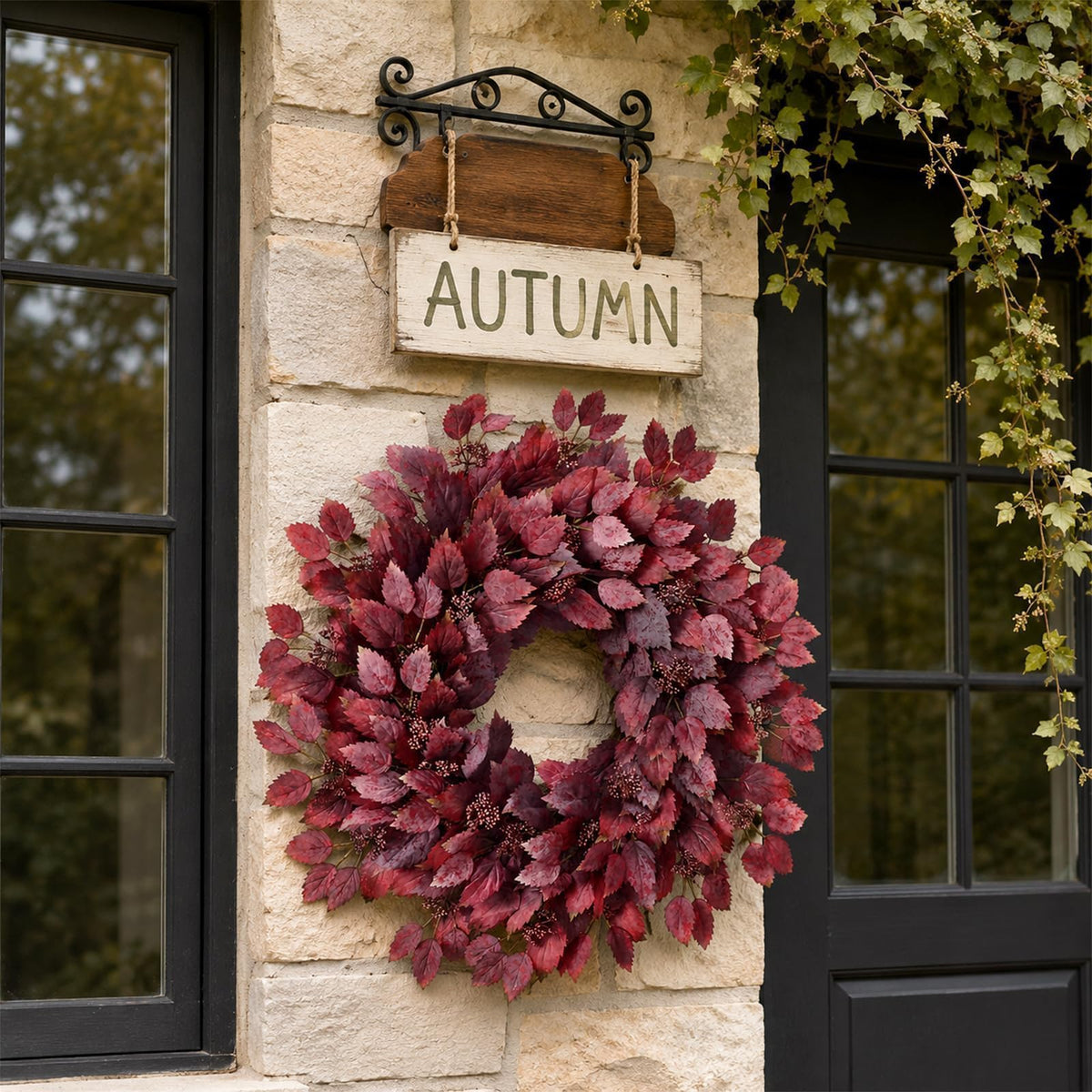 Foteewl Artificial Hibiscus Wreath, 26 Inch Diameter, Autumn Red