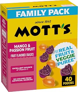 Mott's Mango & Passion Fruit Flavored Snacks, Family Pack, 40 ct, 32 oz | Gluten-Free, Gelatin-Free, Fat-Free, Made with Real Fruit & Veggie Puree, No Artificial Dyes, Excellent Source of Vitamin C