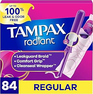 Tampax Radiant Tampons for Women, with LeakGuard Braid, Regular Absorbency, Unscented, 84 Count (3 Packs of 28), Packaging May Vary