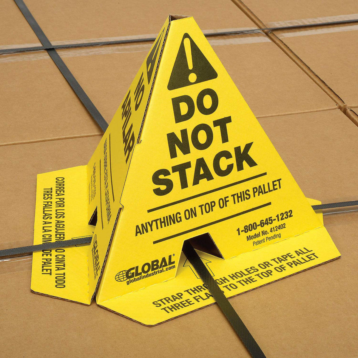 Trilingual "Do Not Stack" Printed Pallet Cones by Global Industrial – 8 x 8 x 10, Corrugated Cardboard, Yellow, Model 412402