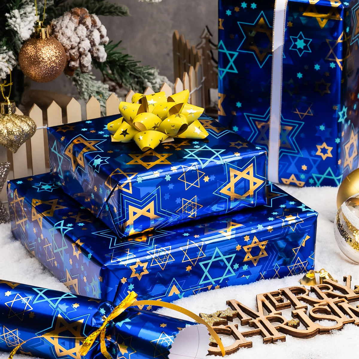 Maypluss Hanukkah Wrapping Paper, Metallic Foil Star of David, Navy Blue 17 Inch x 33 Feet