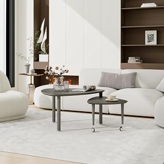 37" Rotatable Wear Resistant Coffee Table, Round Coffee Table with Solid Wood Legs, Mesa De Centro para Sala with Nesting Structure for Multi-Purpose Home Areas, Gray