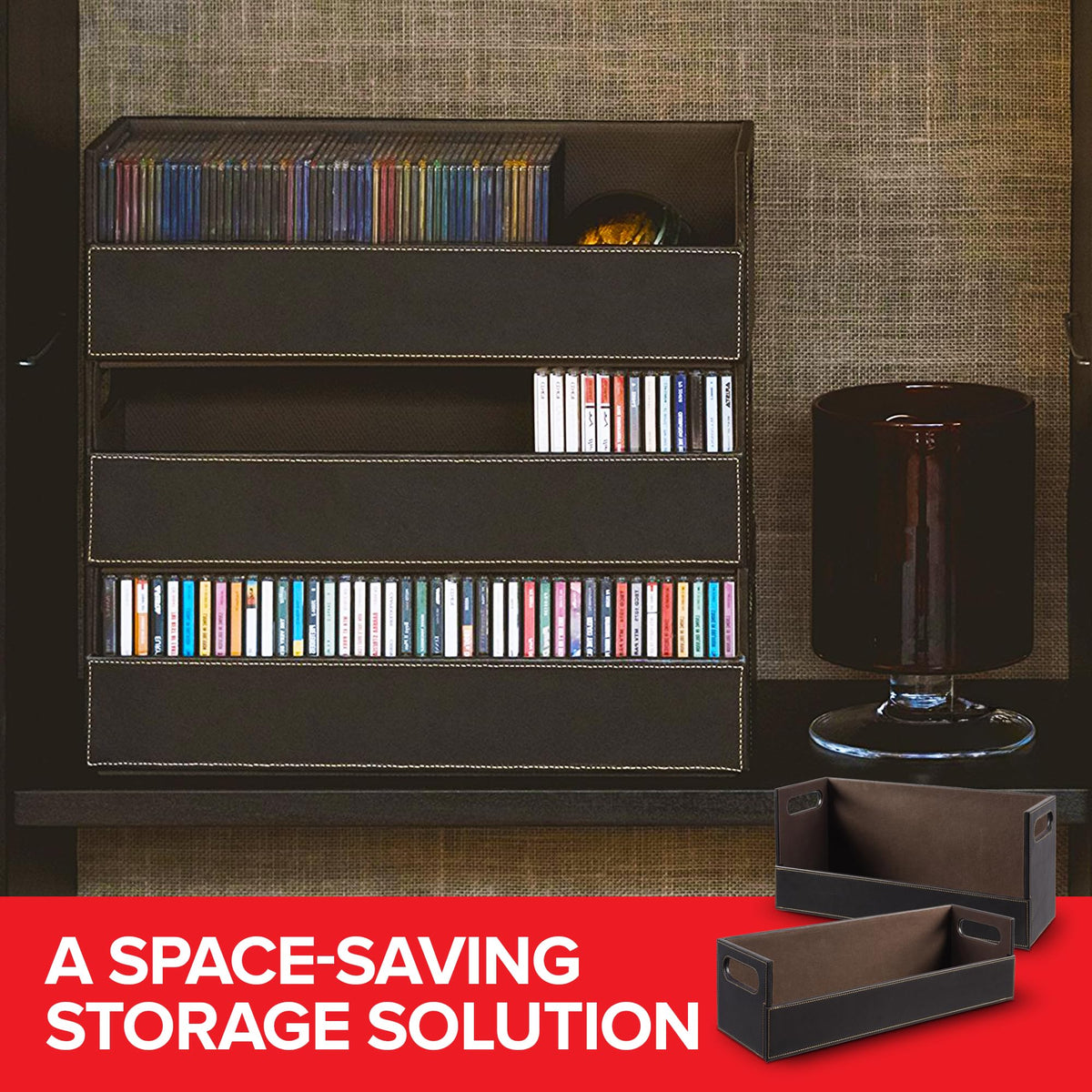 Faux Leather DVD & CD Storage Box - Movie Shelf Organizer for Blu-Ray by Stock Your Home – 17.75 inches (L) x 6.75 inches (H) x 8 inches (D), Faux Leather, Felt, Gray/Espresso