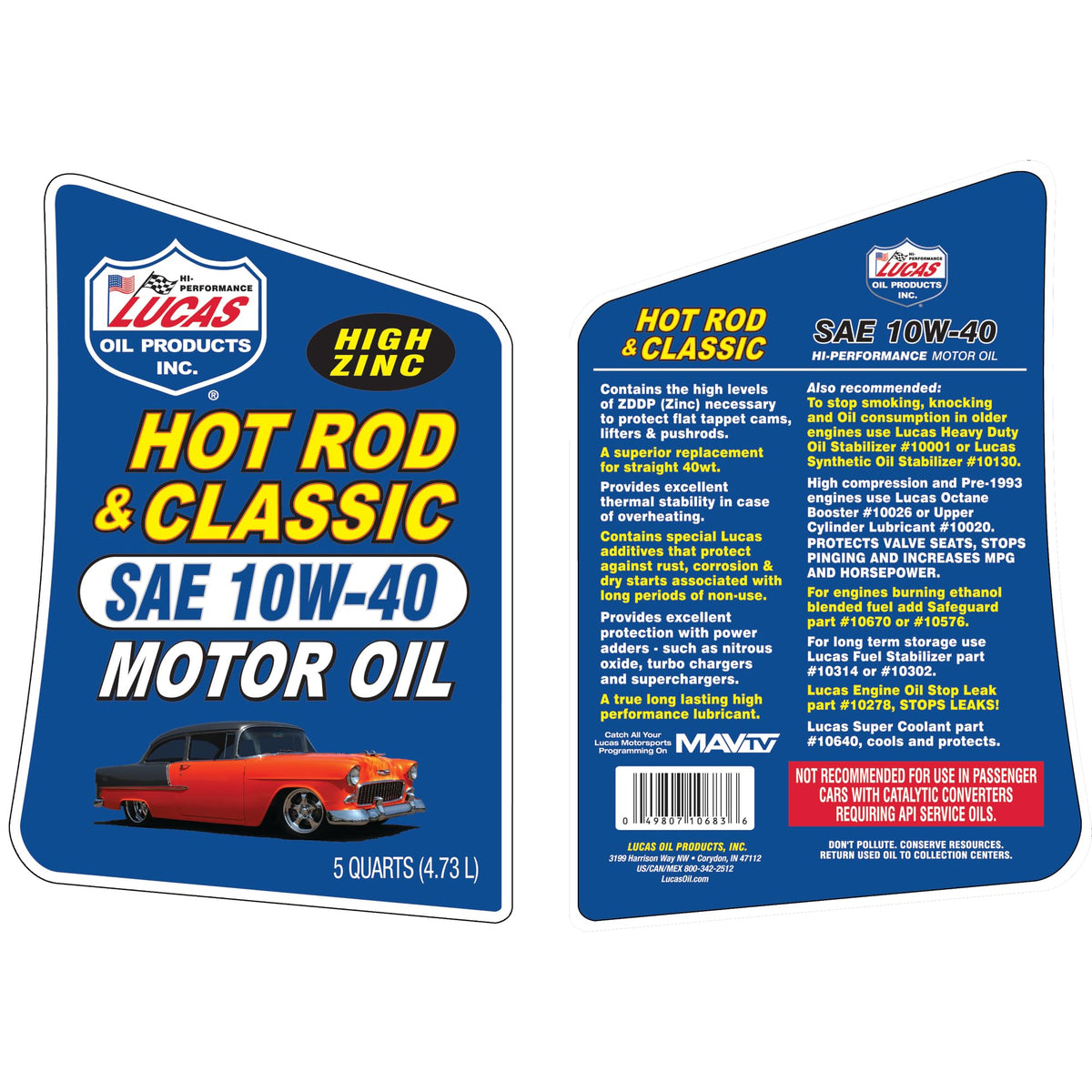 Hot Rod & Classic Car SAE 10W-40 Motor Oil - 5 Quart by Lucas Oil – Pack of 1, Blend, Multi, Model 10683